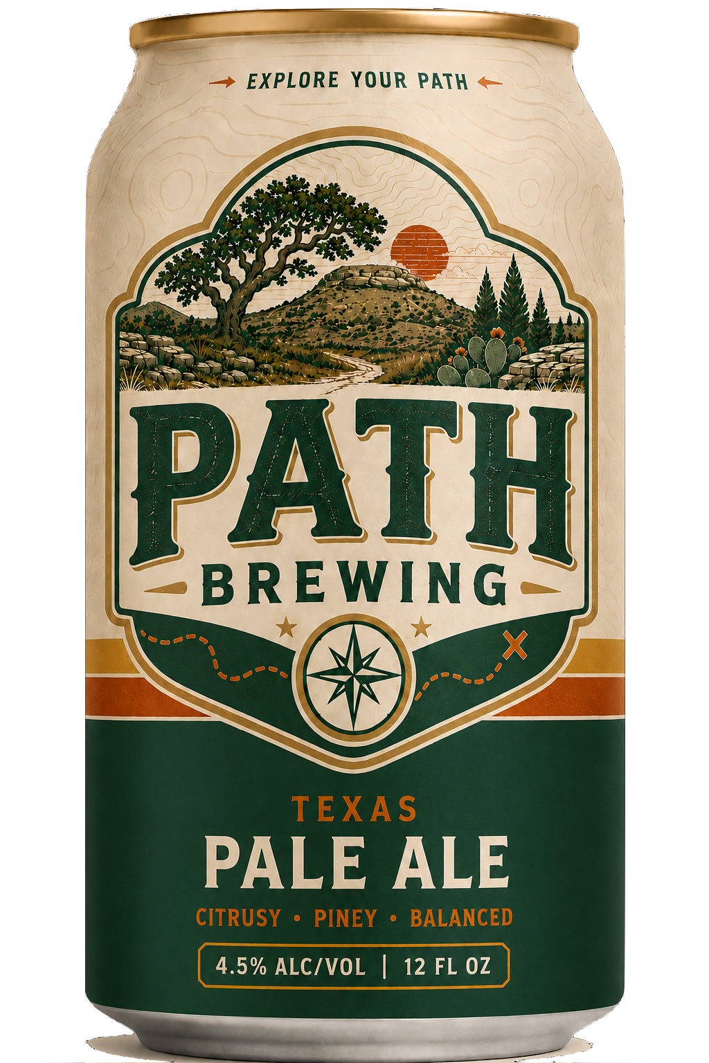 Path Brewing Co. Pale Ale — vintage retro craft beer can with mountain and river illustration